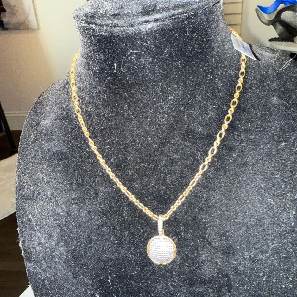 Swarovski Pave Round Disco Ball Pendant Necklace Gold Tone